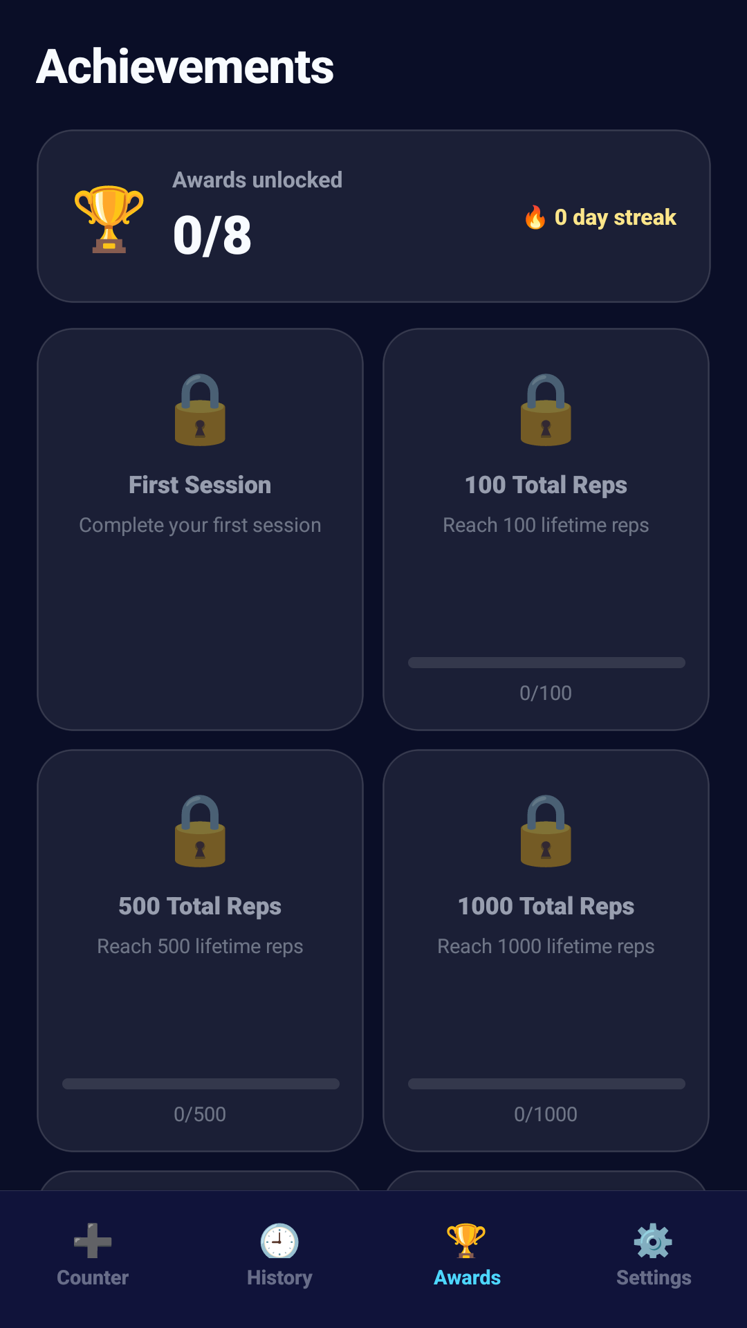 Achievements screen in Sport Counter Pro