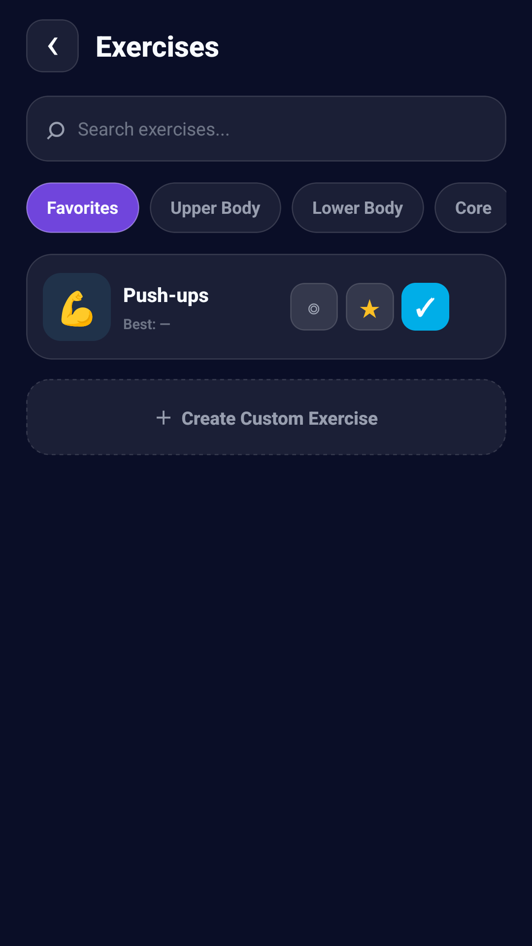 Exercise selection screen in Sport Counter Pro